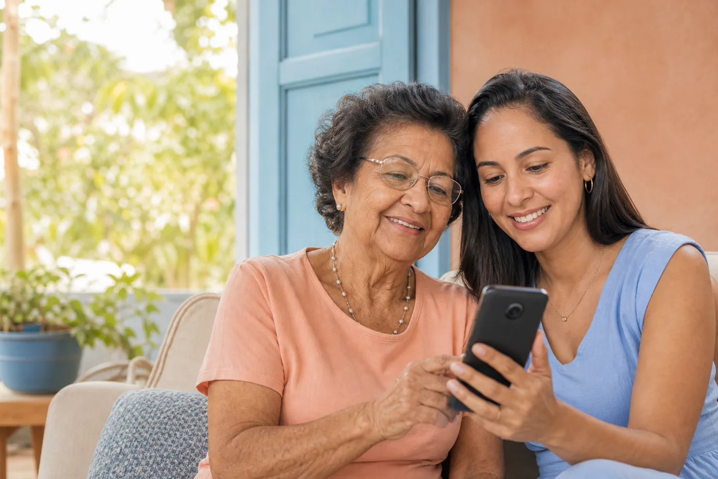 Avó e neta usando celular em casa para buscar atendimento online